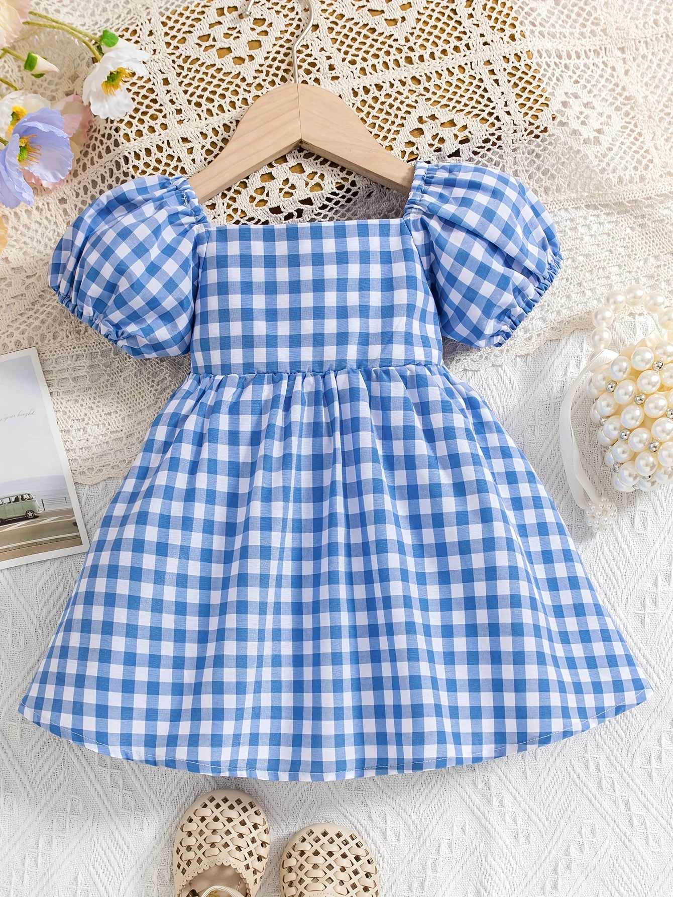 Baby Girl Blue Plaid Dress With Bubble Sleeve Princess Dress For Spring/Summer Outdoor Party