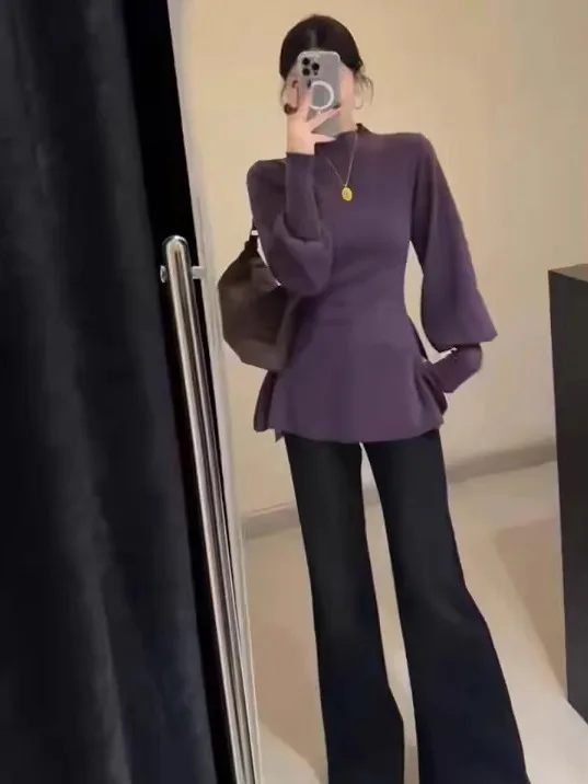 

Purple Knitted Sweater Women's Autumn Winter New Sle f High Collar Lantern Sve Slim Fit Base irt Commute Sle Faion