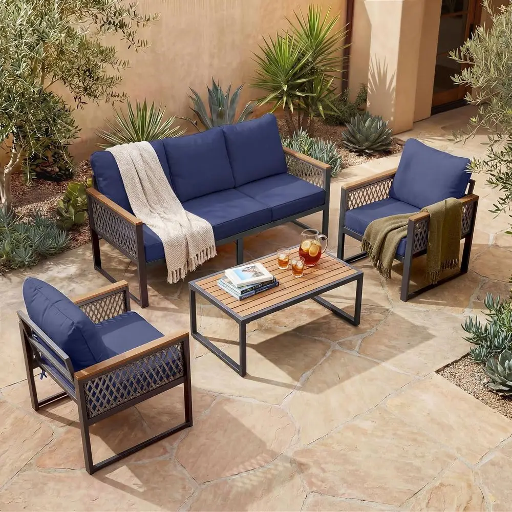 

Металлический уличный секционный комплект мебели для патио из 4 предметов темно-синего цвета: диван, 2 кресла и журнальный столик