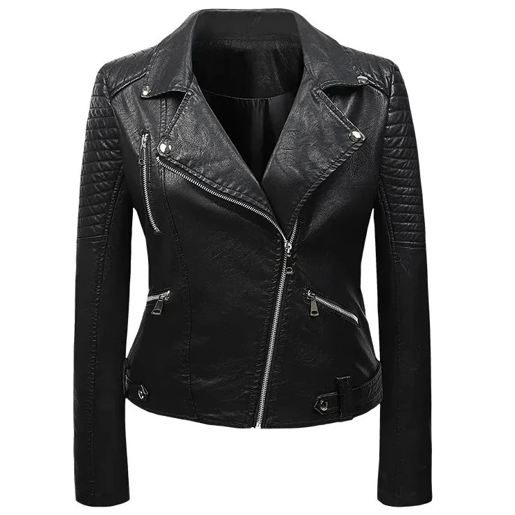เสื้อแจ็คเก็ตคอปกสั้นสำหรับผู้หญิง หนัง PU สไตล์ไบค์เกอร์ ฤดูใบไม้ผลิ ฤดูใบไม้ร่วง รุ่นเกาหลี ทรงเข้ารูป สไตล์ฮาราจูกุ แฟชั่นนักเรียน เสื้อคลุม
