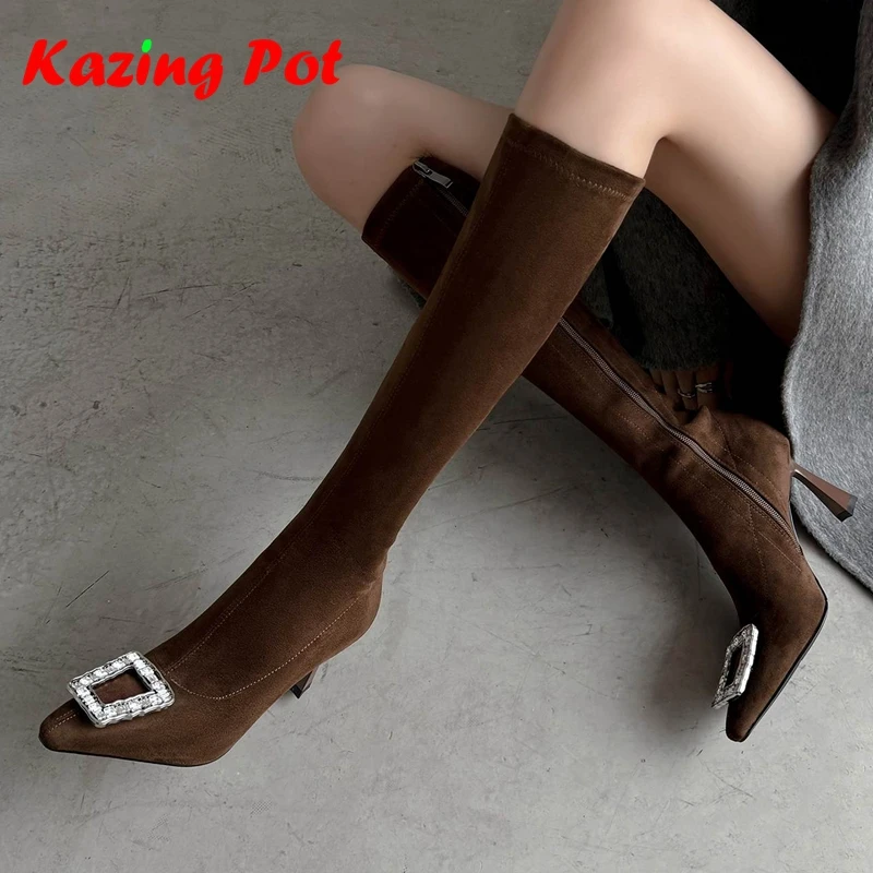 

Flock Pointed Toe Thin High Heels Fashion Boots Dating Warm Autumn Winter Shoes Luxury Crystal Women Ins Elastic Knee-high Boots