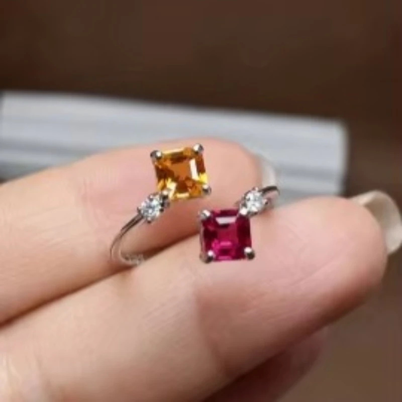 925 Silver Gemstone Ring 5mm Citrine and Ruby Ring 18K Gold Plated Silver Gemstones Jewelry