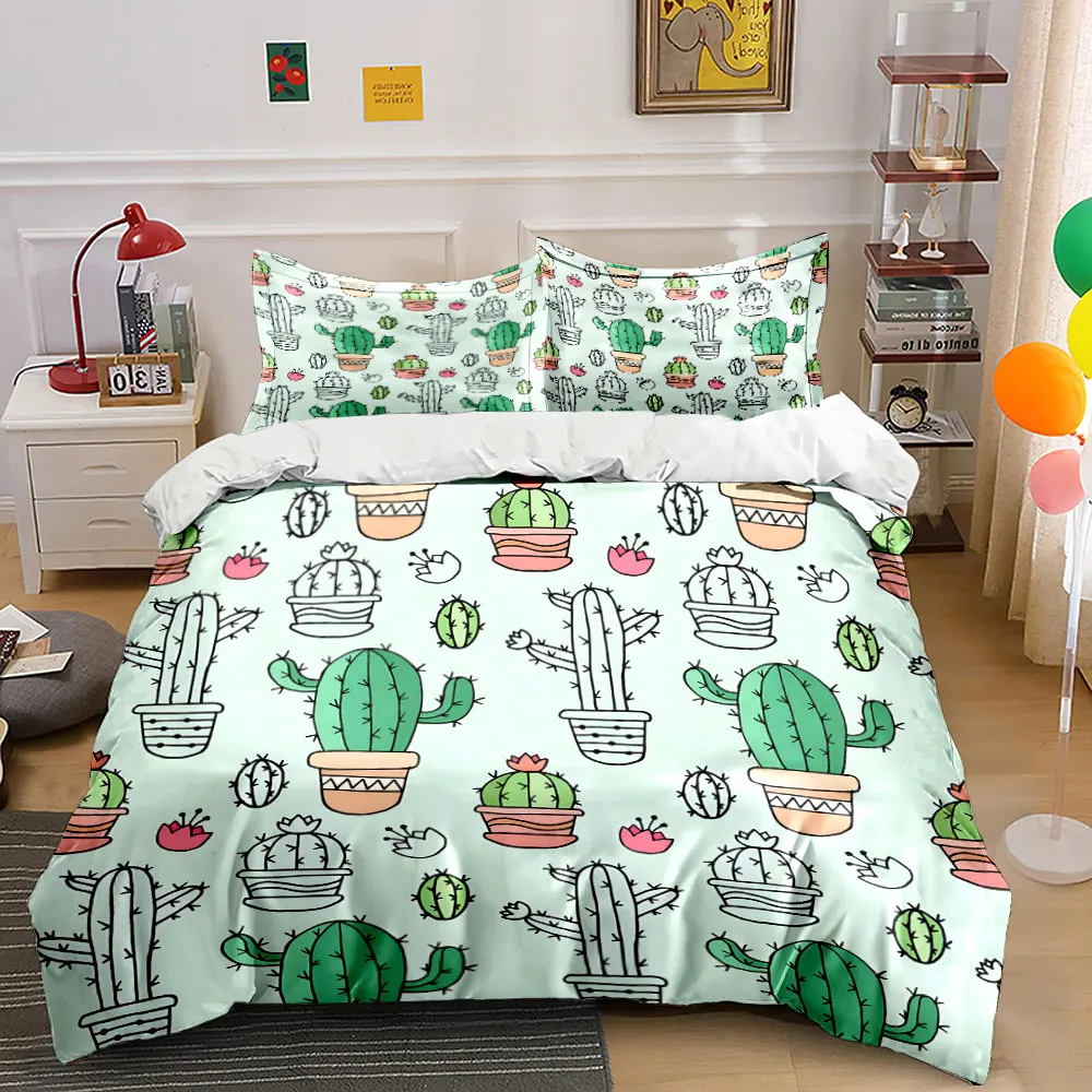 Cartoon cacti and flower pots pattern Print Soft Comfortable Duvet Cover Bedding Set Included 1*Duvet Cover  2*Pillowcases