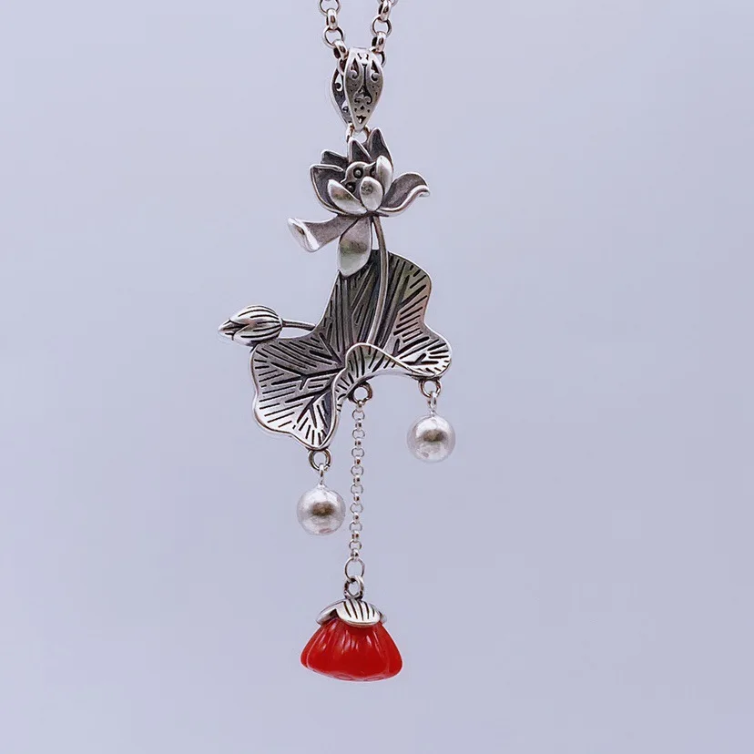 

Ethnic Style Leaf Lotus Bell Necklace Women Jewelry Trendy Tassel Flower Pendant For Lady Sweater Chain Accessories