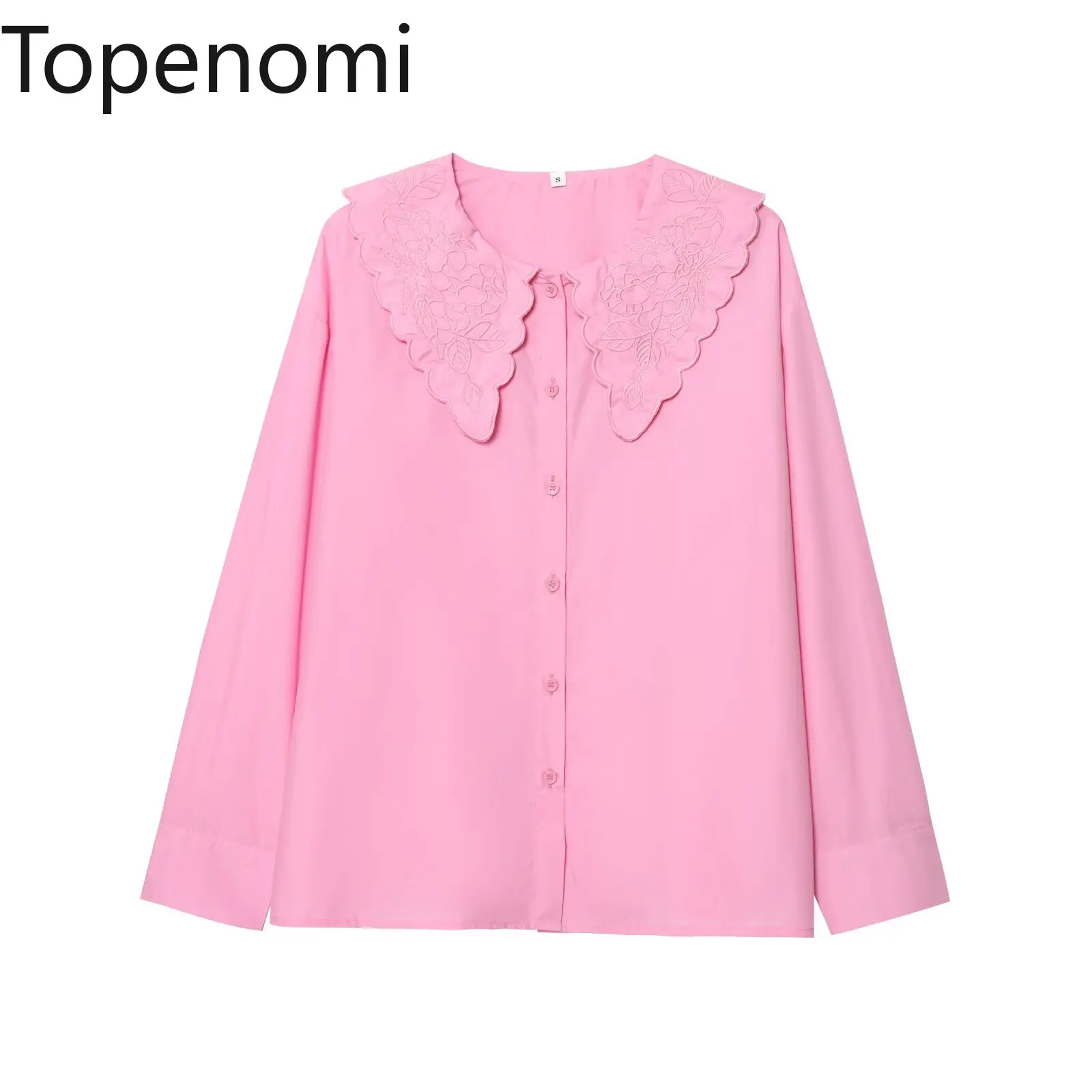 

Topenomi Pink Embroidery Lapel Long Sleeve Shirts Women 2025 New Simple Loose Single Breasted Tops Fashion Office Lady Blouse