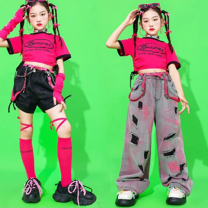 Conjunto de ropa de animadora para niñas, Top corto de Hip Hop, DenimPants, pantalones cortos de baile callejero, ropa de calle para niños, disfraces dulces de Jazz, Verano