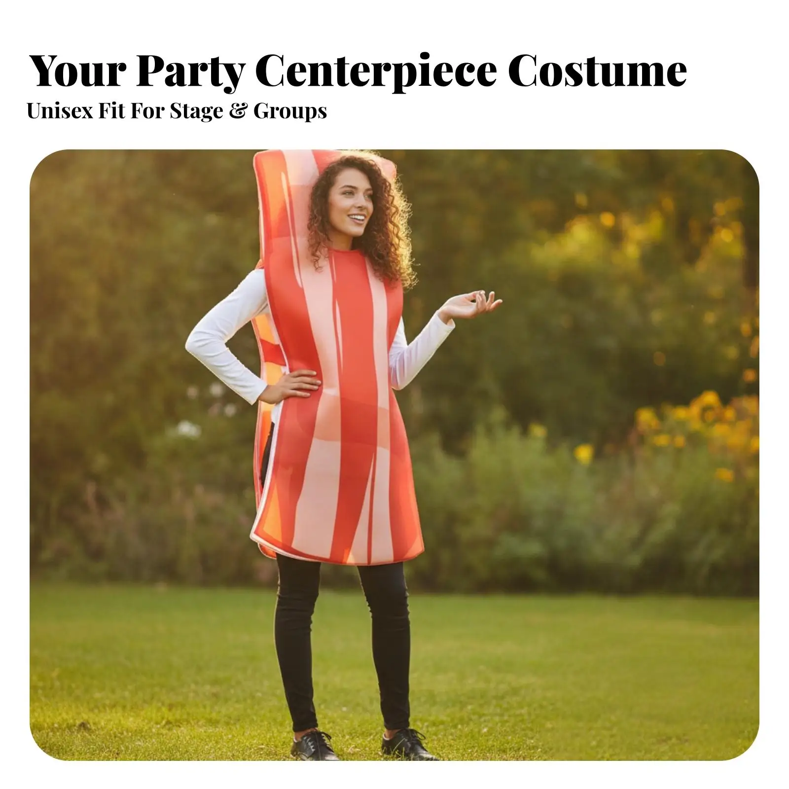 ハロウィンパーティーやホリデーのお祝いにぴったりの目を引くストライプ柄のミートコスチューム