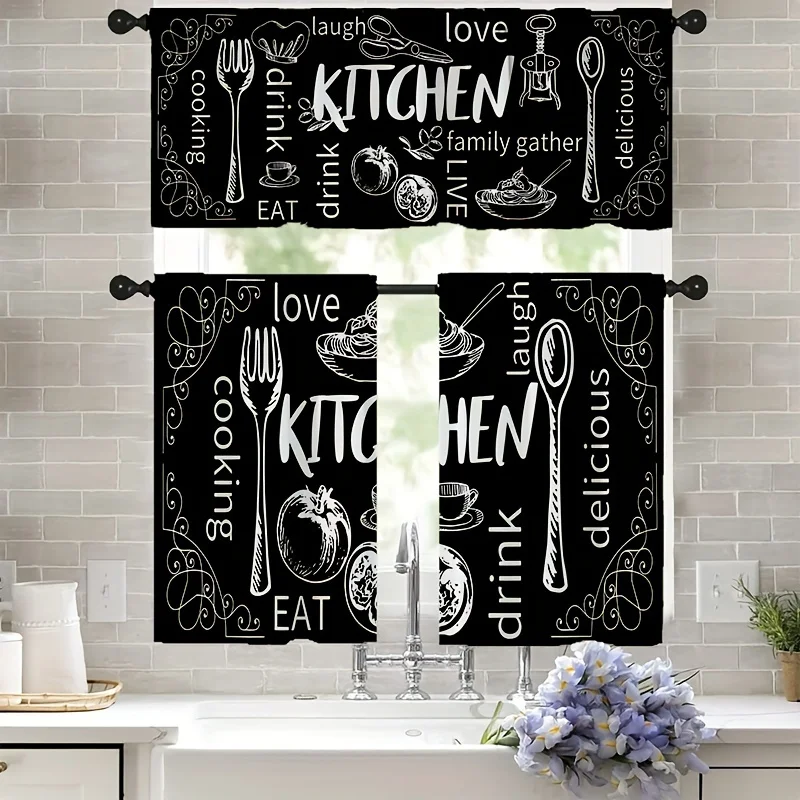 Funny Kitchen Decor Curtain Black Background Cooking Love Eat Drink Laugh Delicious Kitchen Quote Window Curtain