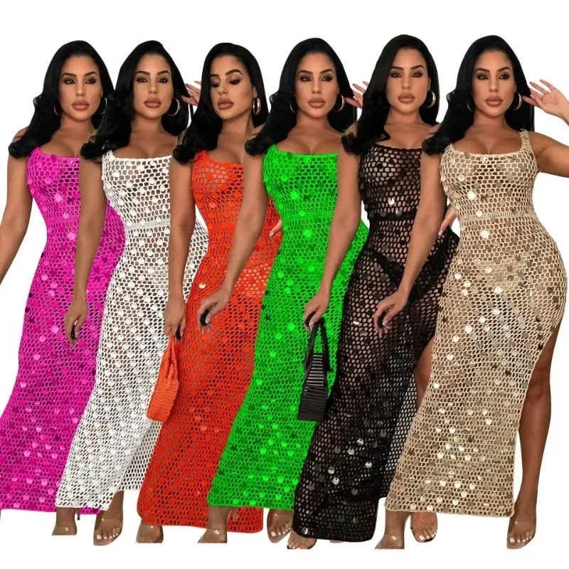 

African Dresses for Women Summer Sexy African Sleeveless Polyester Sequin Long Maxi Dress Bodycon Beach Dress Outfits S-2XL
