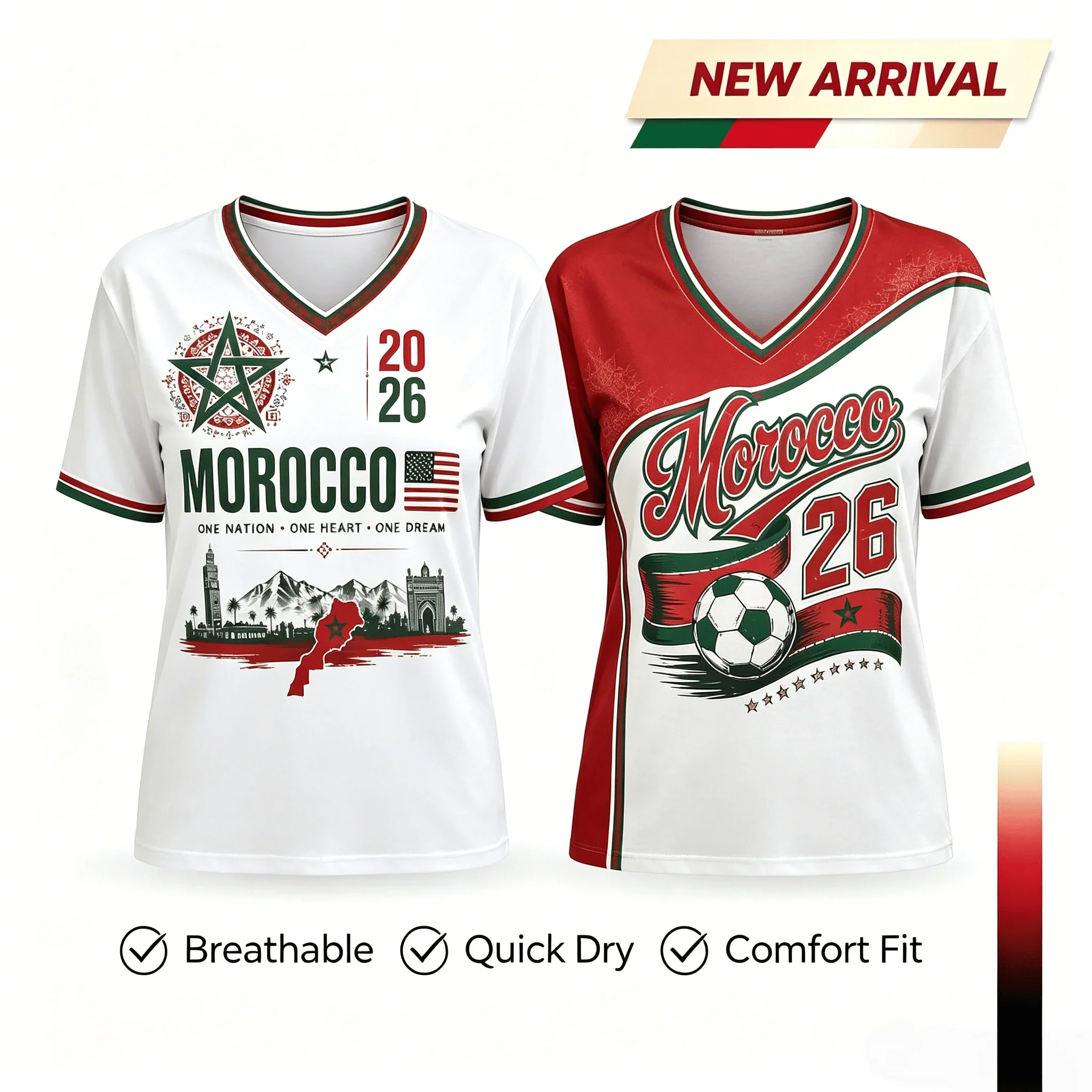 2026 New Morocco Women's Soccer Jersey, Black with Traditional Geometric Print & _MOROCCO_ Text V-Neck Casual T-Shirt Fashion