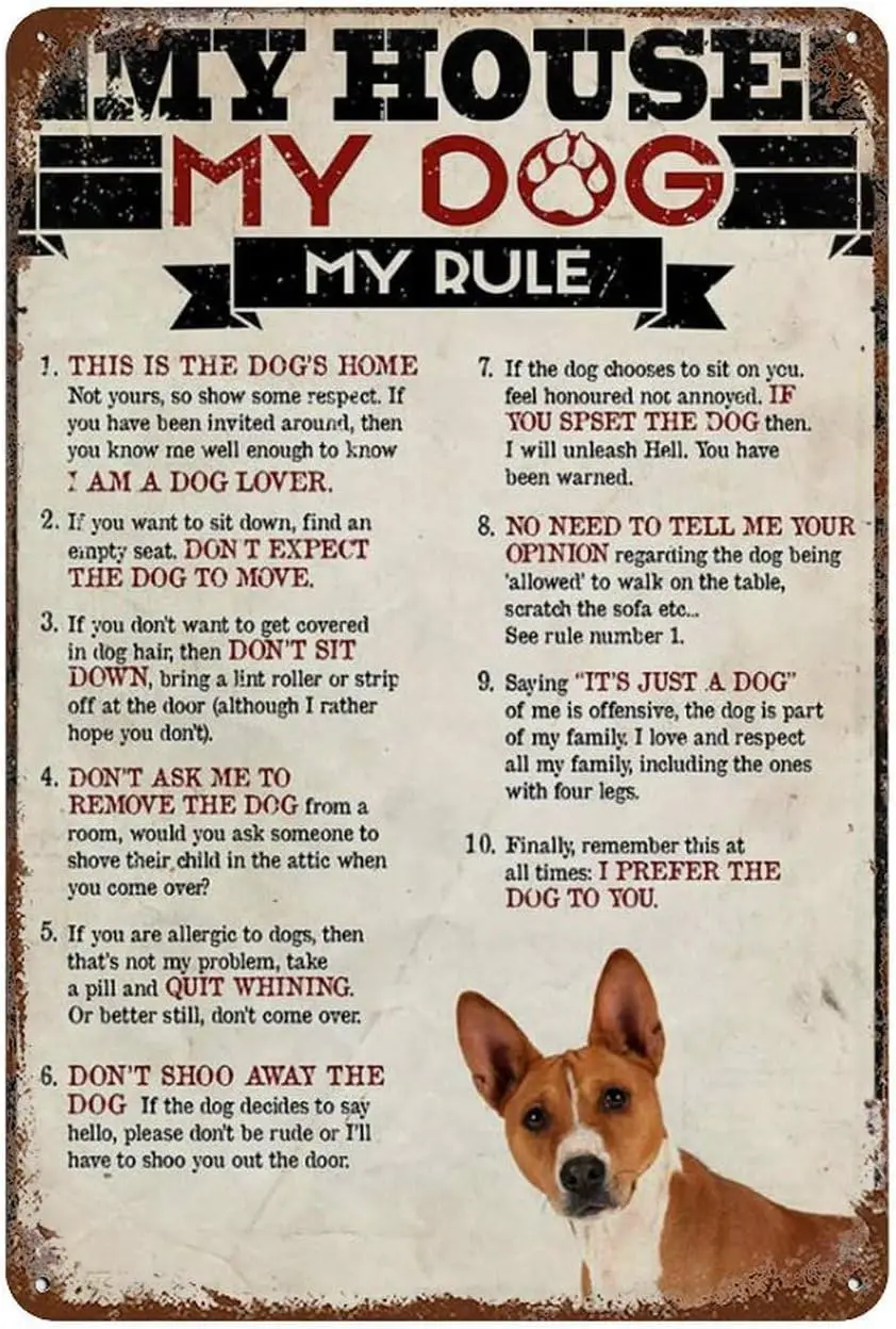 Tin Sign Vintage My House My Dog My Rule Basenji Metal Tin Sign Wall Decor Rustic Farmhouse Sign Decor Gifts 8X12 Inch sign