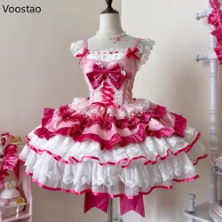 Japanese Sweet Lolita Jsk Dress Women Kawaii Lace Ruffles Bow Bandage Slim Princess Dresses Girls Y2k Cute Tea Party Mini Dress