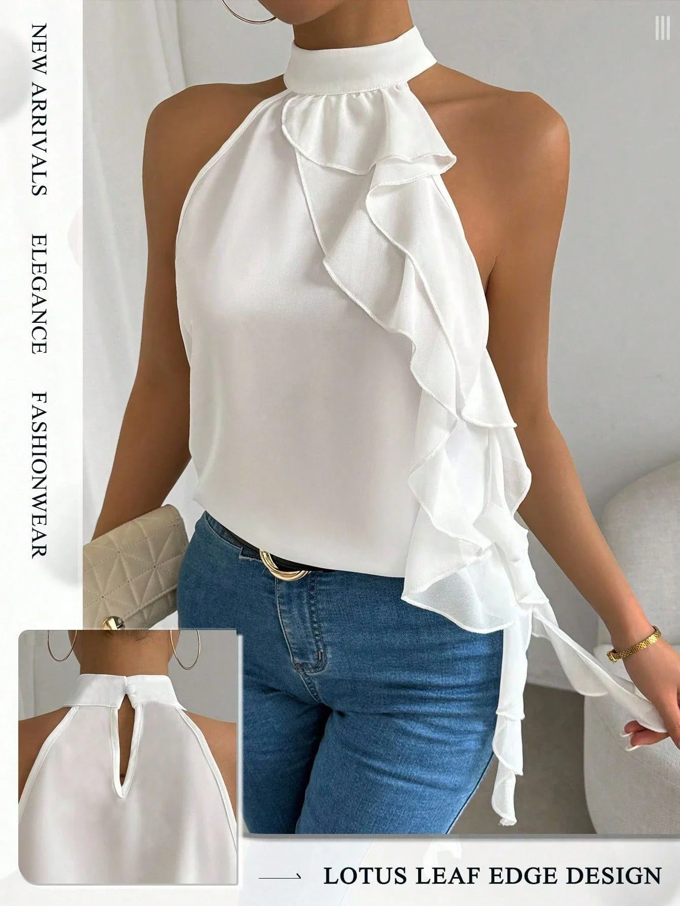 

Однотонная блузка без рукавов с рюшами и воротником-халтер