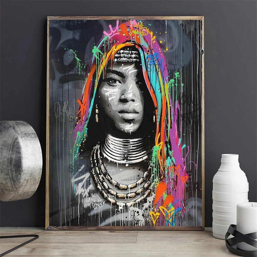 

African Woman Graffiti Portrait Canvas Painting Abstract Posters and Prints Cuadros Wall Art Pictures for Living Room Home Decor