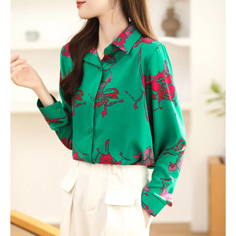 Women Clothing Fashion Rose Print Shirt Spring Summer Casual Loose Long Sleeve Blouses French Chic Elegant All-match Tops