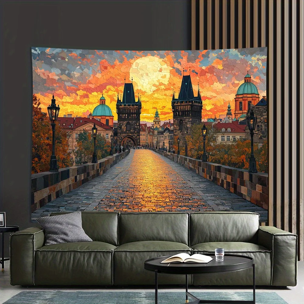 urban landscape Prague Digital printing polyester wall hanging tapestry decorative Living room bedrooms Office background gift
