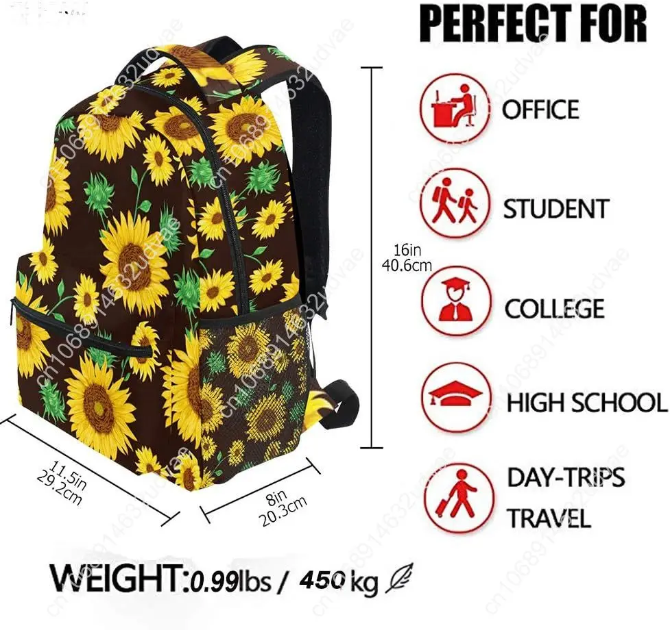 Sunflowers And Leaves Laptop Backpack, Flower Floral Black Water Resistant College Students Bookbags Elementary School Bags Trav