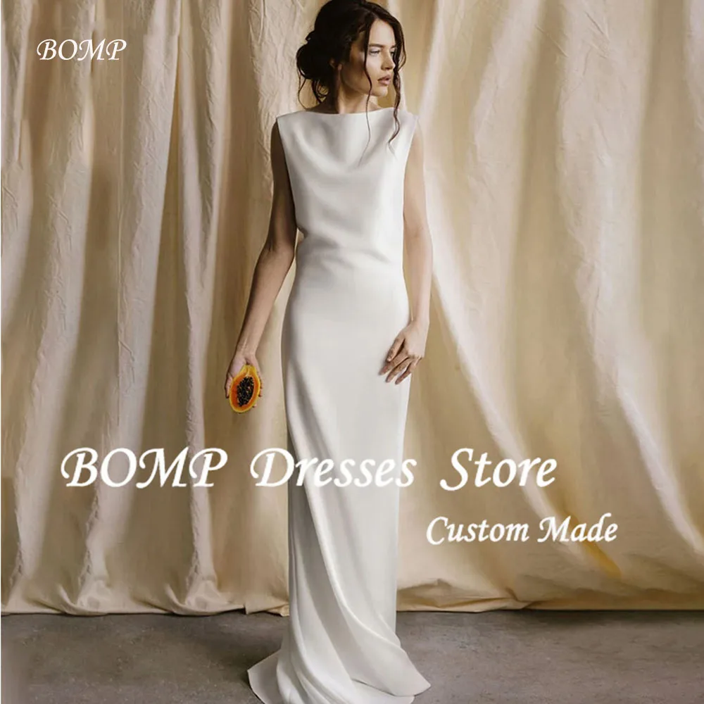 BOMP Customized Stretchy Crepe Sheath Simple Wedding Dress Sleeveless Open Back Boat Bateau Neck Elegant Bridal Gown 2025