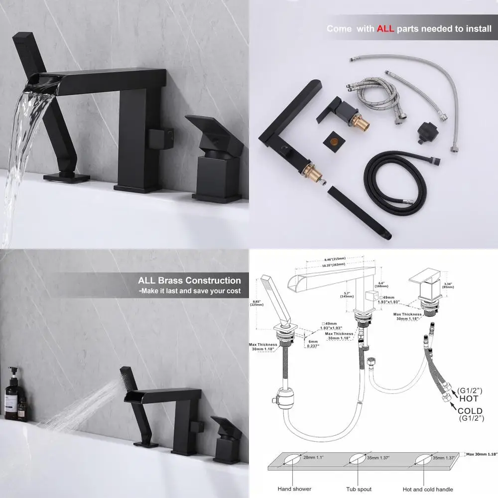 

Matte Black Deck-Mounted Tub Filler with Hand Shower and Extra Long Spout