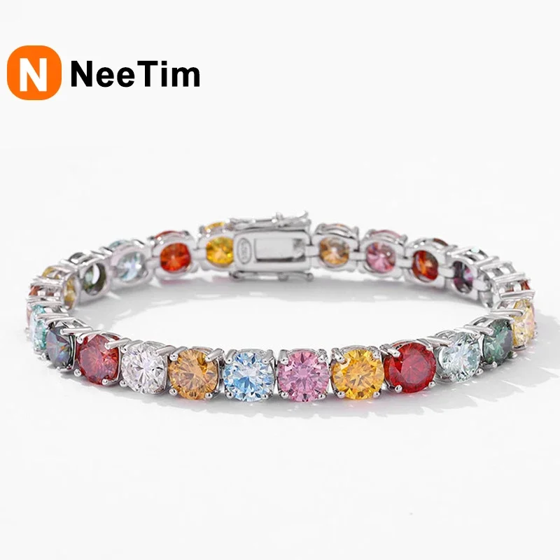 

NeeTim 3mm 4mm 5mm Colorful Rainbow Moissanite Tennis Bracelets for Women s925 Sterling Silver Plated White Gold Bracelet Chain