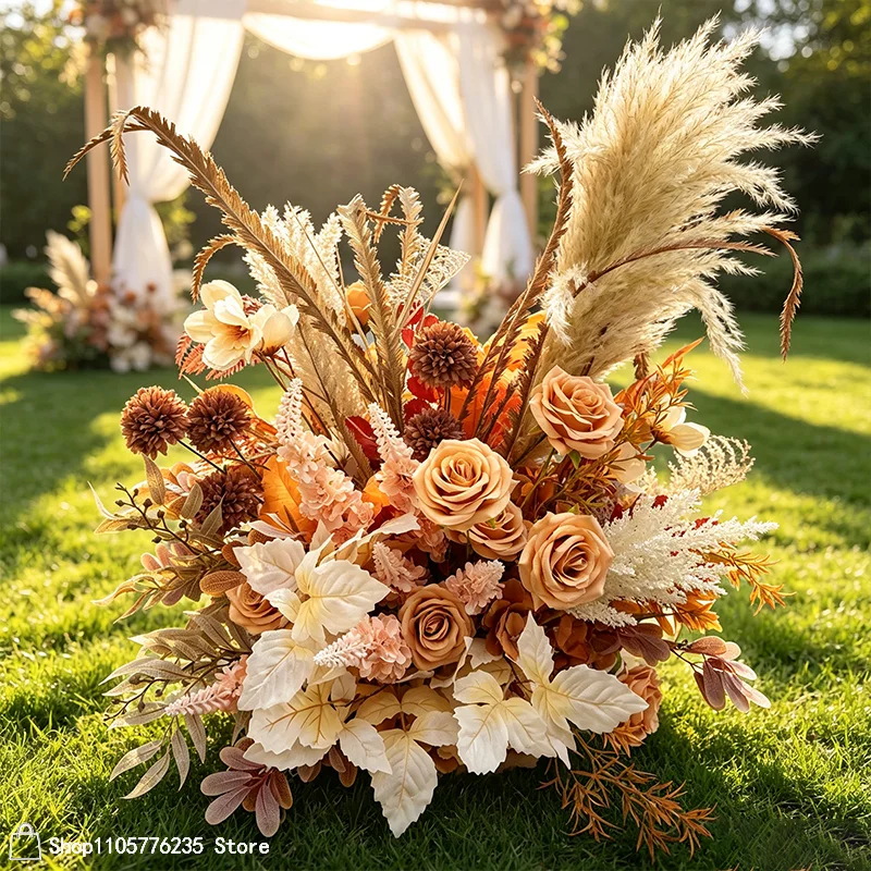 Karamell-Orange Tischläufer Blumenarrangement-Set Hochzeit Boden-Blumenreihe Gangdekoration Künstliche Blumen Event-Hintergrund Deko-Requisite – Detail 6
