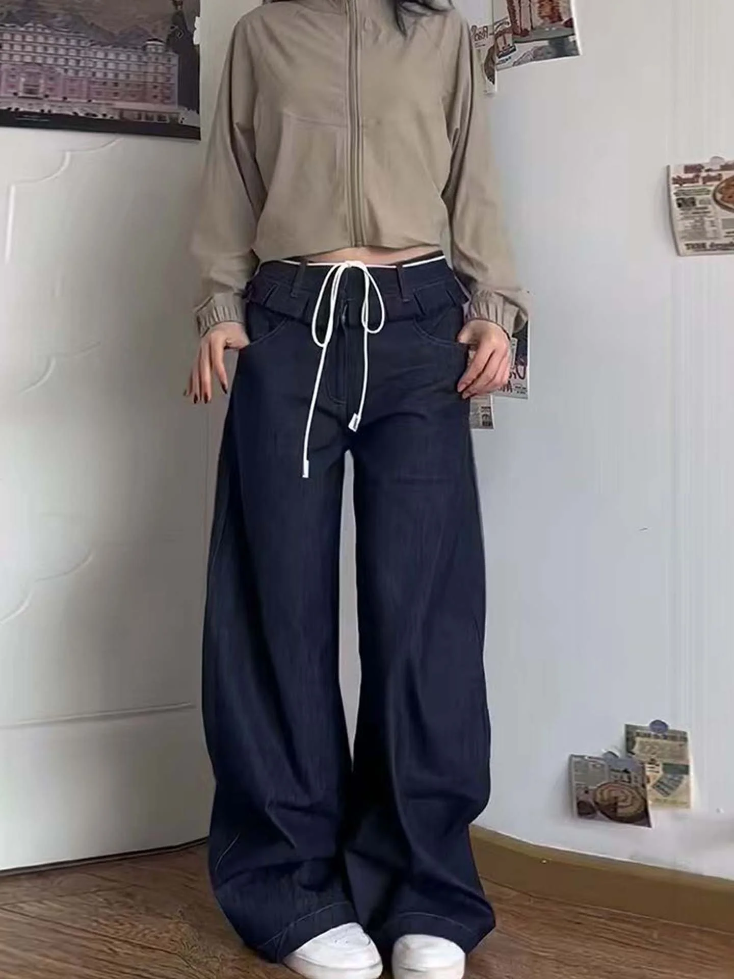 

Широкие джинсы с высокой талией в американском стиле ретро, женские осенние новые свободные тонкие уличные прямые брюки, повседневные джинсовые брюки с завышенной талией