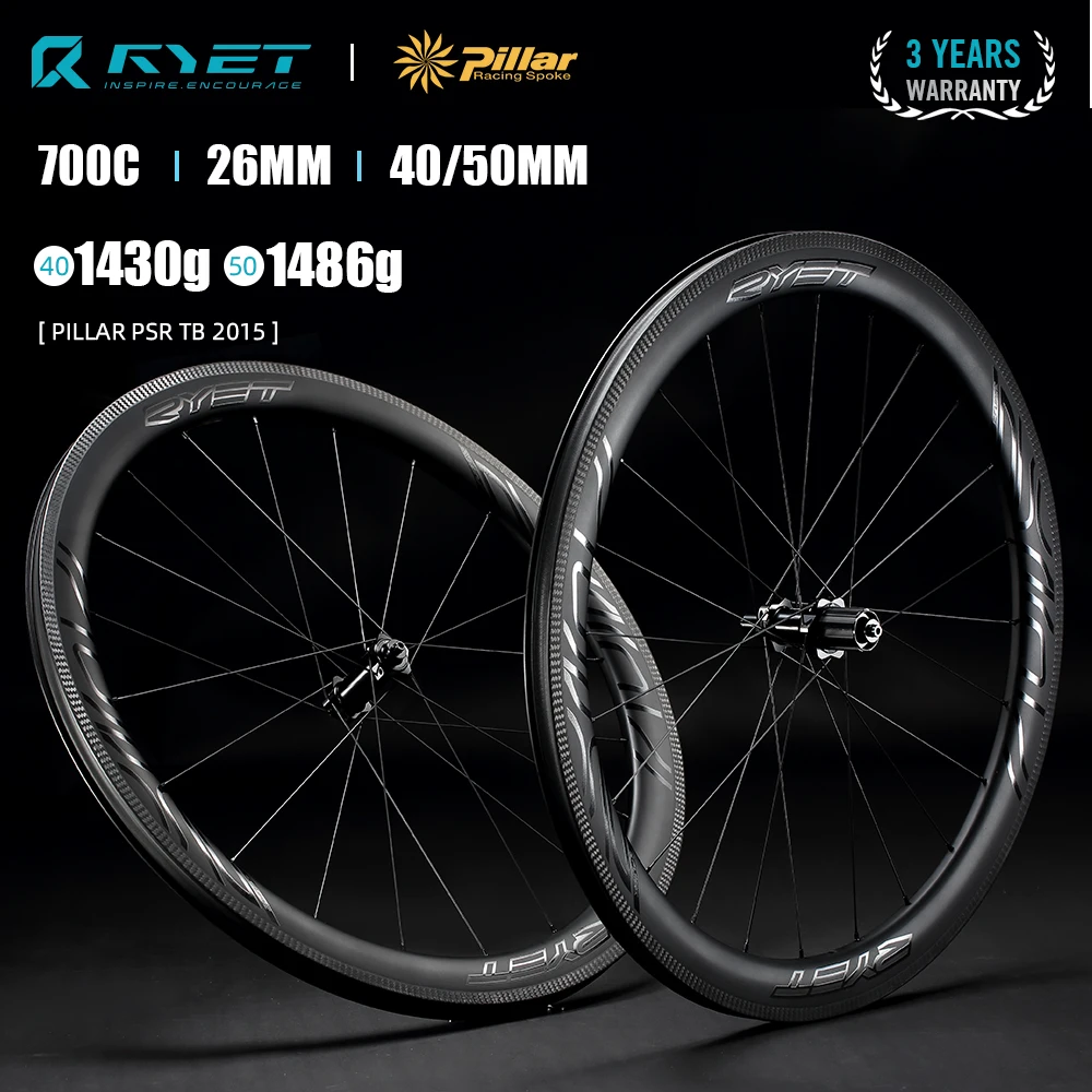 RYET Carbon Road Wheels Straight Pull Clincher Tubeless Ceramic Bearing Hub 1423 2015 Spoke Rims 700c V-Brake Bicycle Wheelset