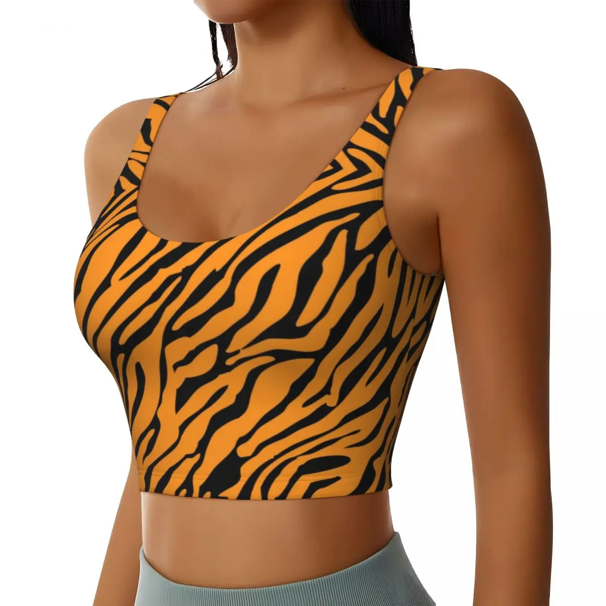 Custom Women's Orange Tiger Stripe Pattern Sports Bra Animal Skin Texture High Impact Gym Workout Running Crop Tank Tops