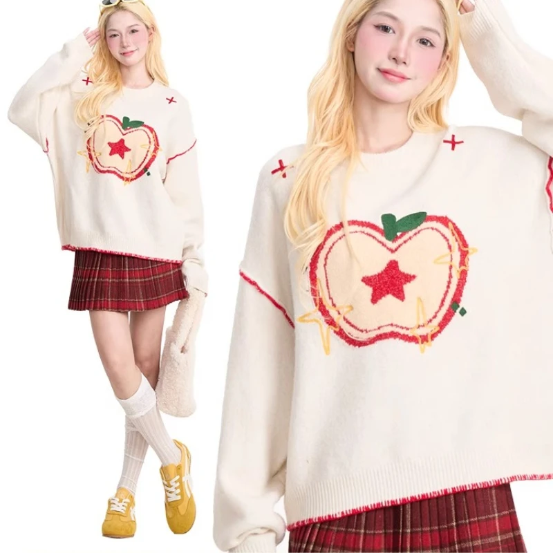 Wysokiej jakości haftowana koreańska bluza w kolorze słodkiego jabłkowego zielonego, z okrągłym dekoltem, luźna, gruba, ciepła na zimę, dzianina, styl lolita dla dziewcząt i studentek.