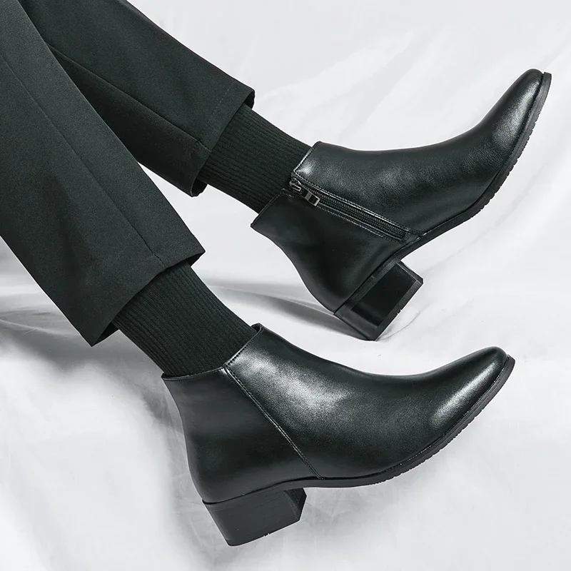 Klassische schwarze Leder-Stiefeletten für Herren und Damen im britischen Stil, Chelsea-Stiefel mit spitzer Zehenpartie, bequeme High-Top-Schuhe – Detail 10