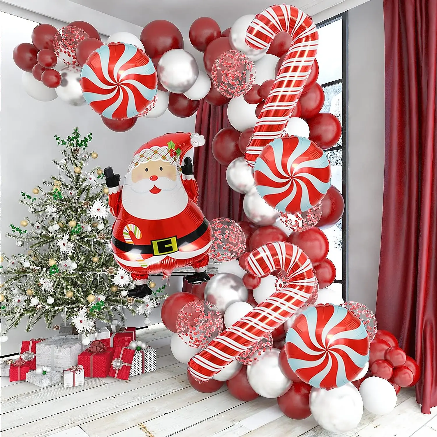 

2025 Christmas Theme Decoration Balloon Chain Santa Claus Candy Cane Lollipop Aluminum Film Balloon Latex Balloon Chain