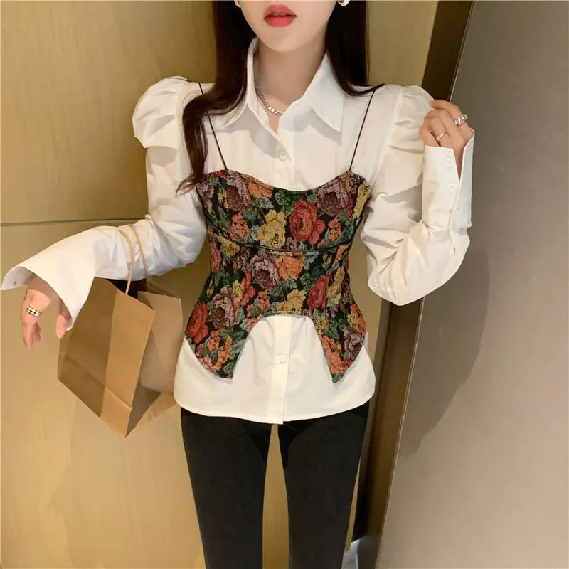 Matakawa-Chemisiers à imprimé floral pour femmes, manches bouffantes, chemises élégantes rétro, mode coréenne, printemps, automne, 2 pièces