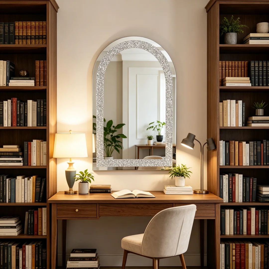 Arched-Frame Wall Mirror with Crystal Crushed Diamond Living Room Home Decor Accent Mirror for Bedroom Decor