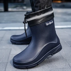 New Waterproof Men PVC Rain Shoes Outdoor Non-slip Work Shoes Fleece Lined Cotton Warm Rain Boots Kitchen Footwear Male Footwear