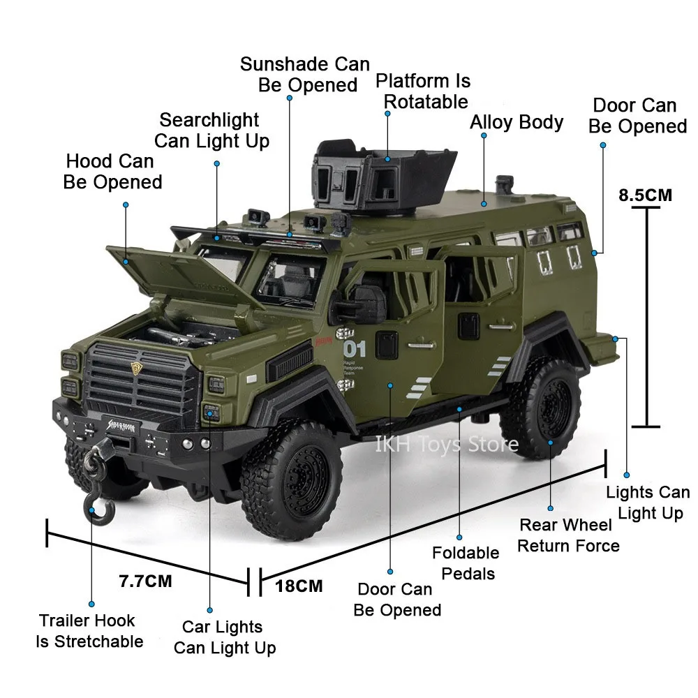 1:32 Sword Toothed Tiger Armored Cars Metal Diecast Miniature Off-road Vehicles Sound Light Doors Opened Pull Back for Kid Gifts