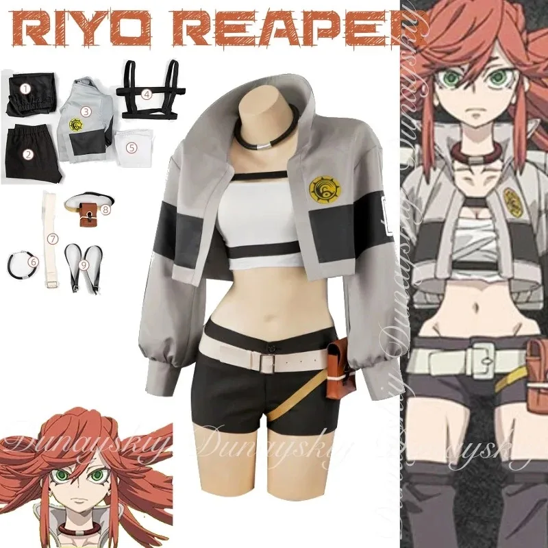 

ff34GACHIAKUTA Riyo Reaper The Long Messy Red Hair Often Tied Up In A Sidewards Петля с толстым костюмом для косплея Аниме Полный