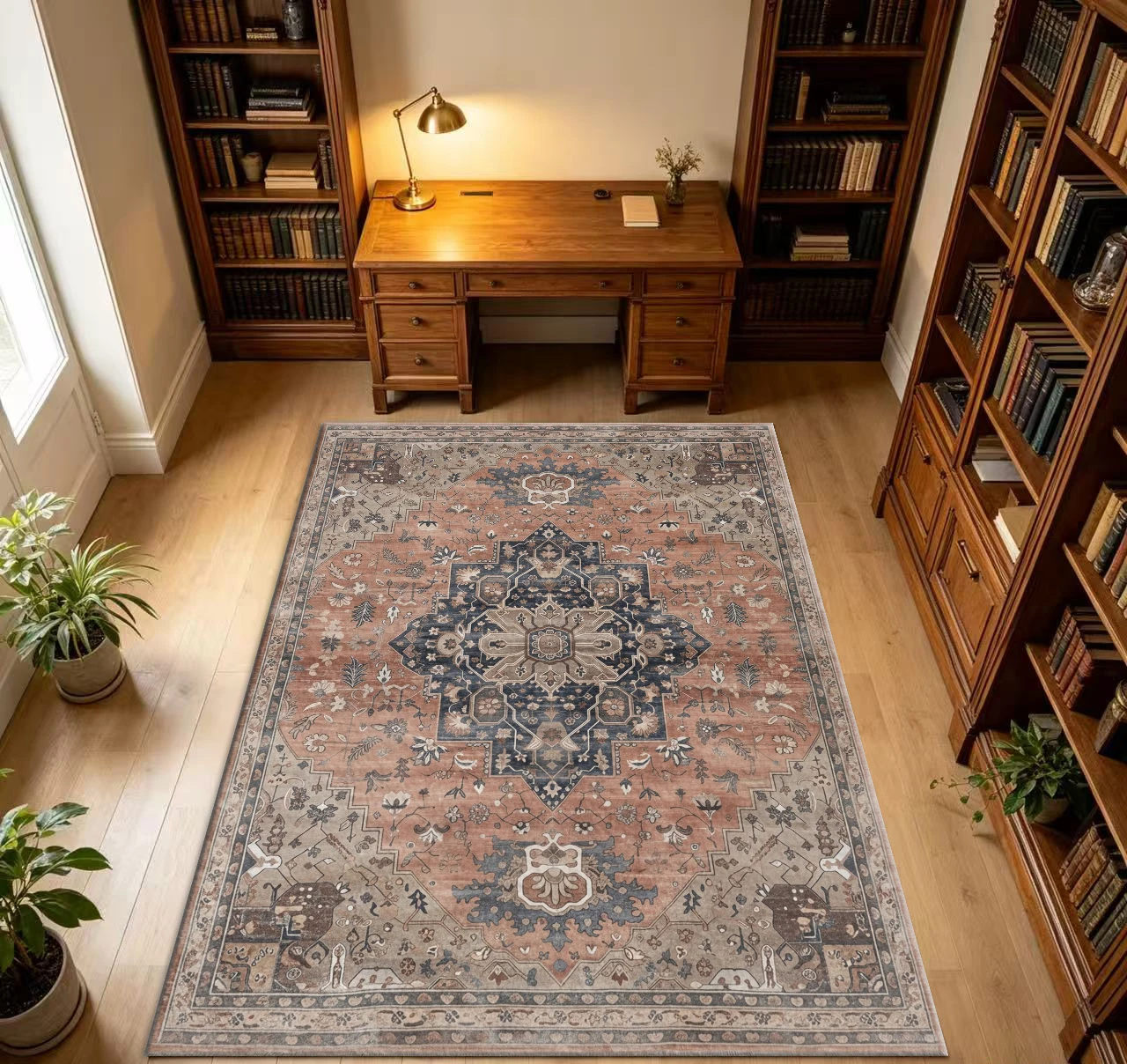 Vintage Floral Oriental Area Rug, Terracotta Brown Distressed Medallion Indoor Carpet for Living Room Bedroom