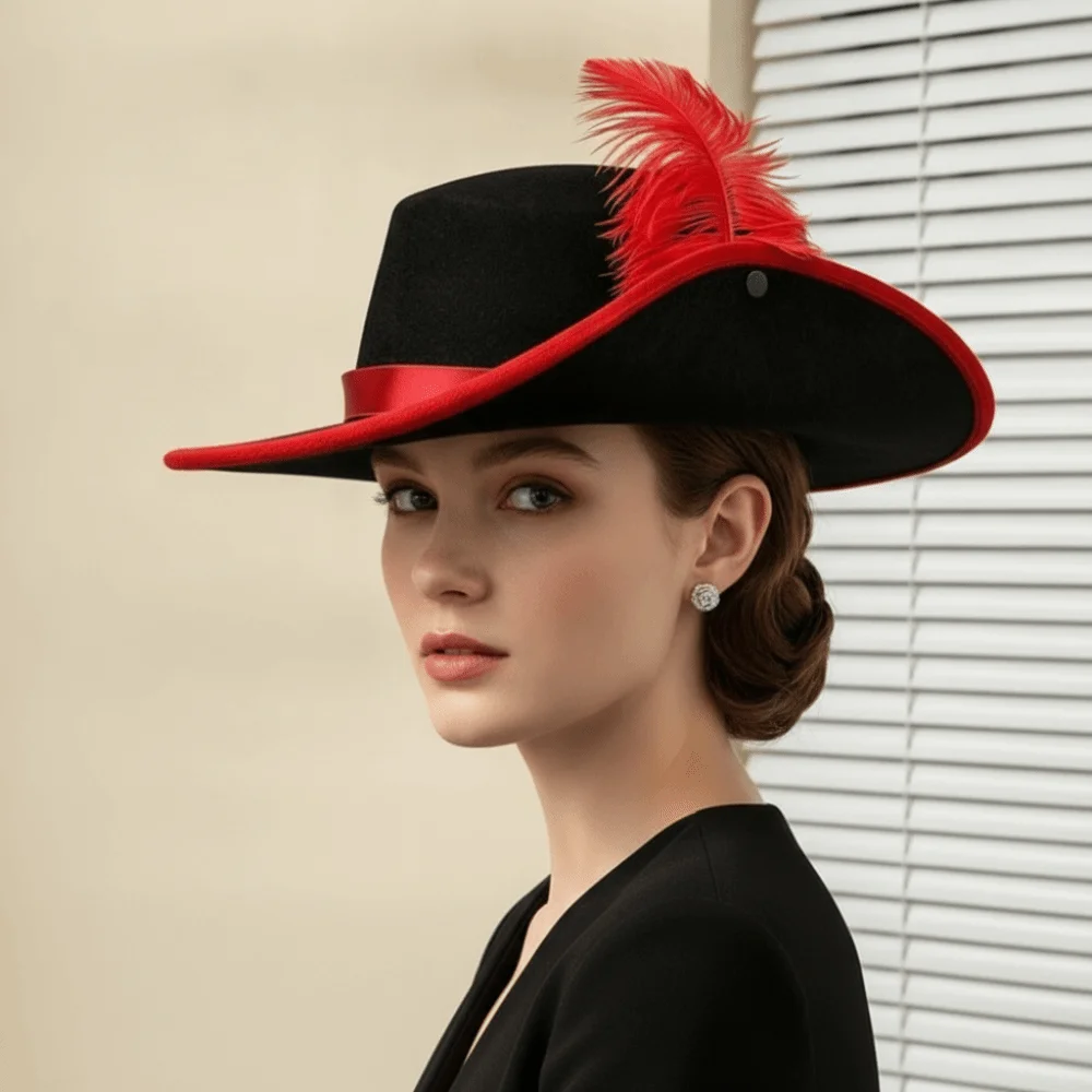 Felt Cavalier Top Hat Artificial Feather Wide Brim Feather Stage Cap Lightweight Retro Style Masquerade Headwear