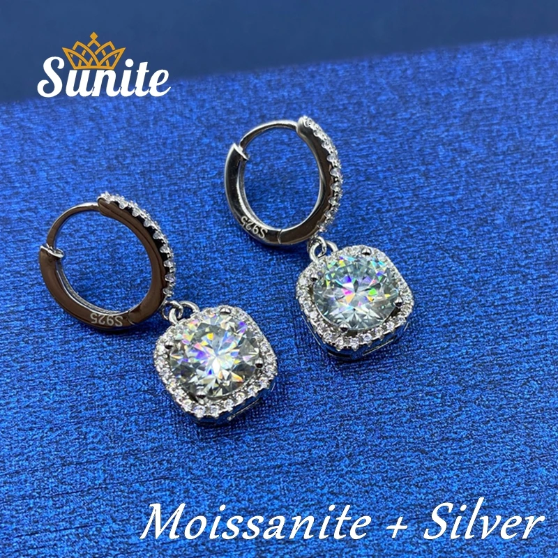 Sunite 1.0ct--6.0ct Moissanite Diamond Square Drop Earrings for Women Lab Diamond Wedding Jewelry Engagement Gift Forever Love