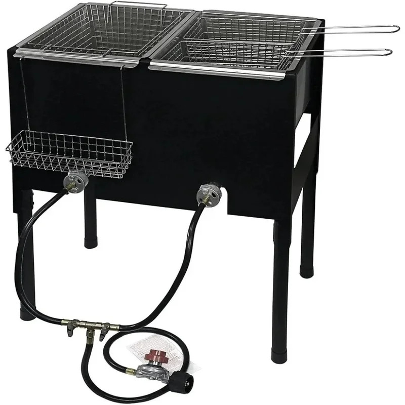 Outdoor High Pressure Dual Burner Propane Double Deep Fryer Free Standing Unit