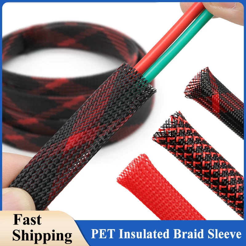 2mm - 50mm PET Insulated Cable Sleeving Black Red Tight Expandable Wire Sleeve Flame-retardant Nylon Braided Mesh Sheath Tube