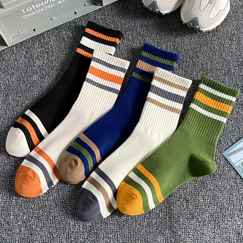 5 pares de calcetines casuales de rayas coloridas para hombre, calcetines deportivos de moda, absorbentes del sudor y transpirables, adecuados para todas las estaciones