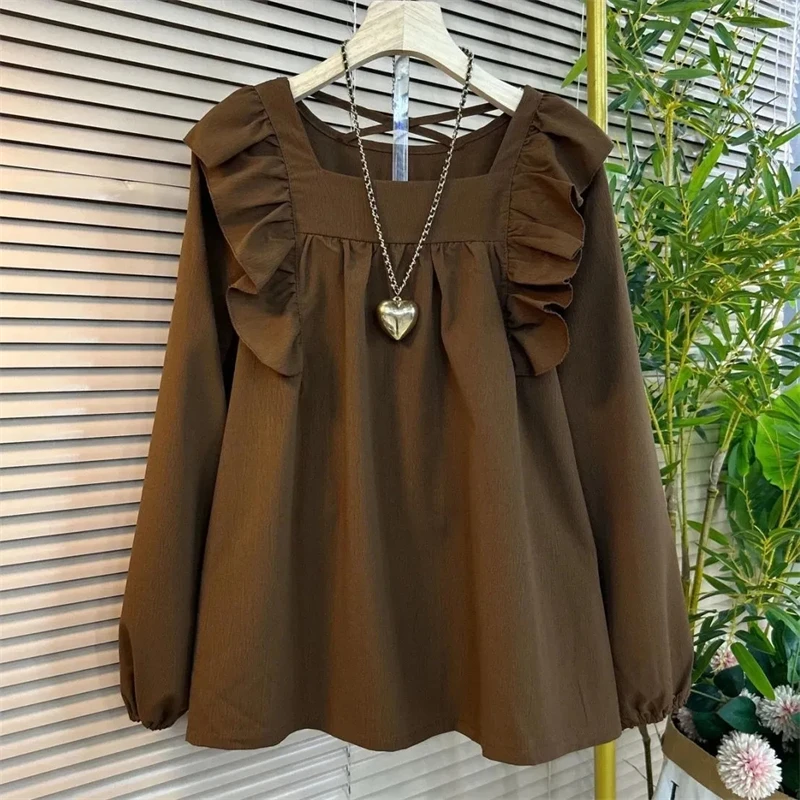 

New Women's Shirt 2026 Spring Autumn Long Sleeve Lotus Leaf Edge Casual Ladies Tops Design Sense Square Neck Loose Lady Blouse
