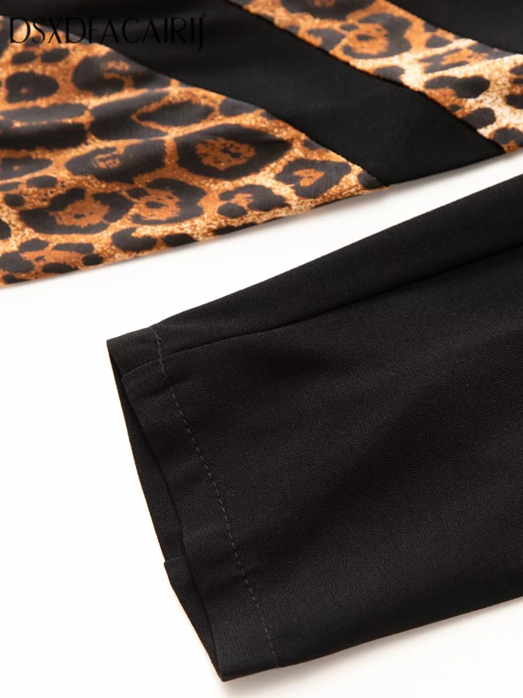 DSXDFACAIRIJ ليوبارد طباعة الخامس الرقبة فستان رصاص للنساء طويلة الأكمام الدانتيل متابعة شق أنيقة الخريف موضة الملابس النسائية