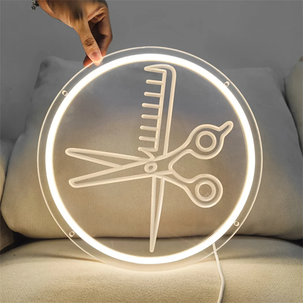 LED Neon Hair Salon Sign USB-Powered Business Signboard Comb & Scissors Carve Design Wall Decor for Barber Shops Beauty Salons