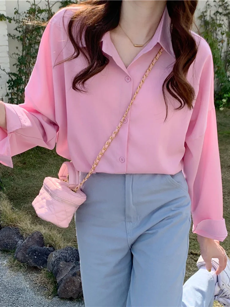 Women Fashion Candy Colors Pockets Patch Loose Poplin Blouses Ladies Long Sleeve Business Shirts Blusas Chic Tops