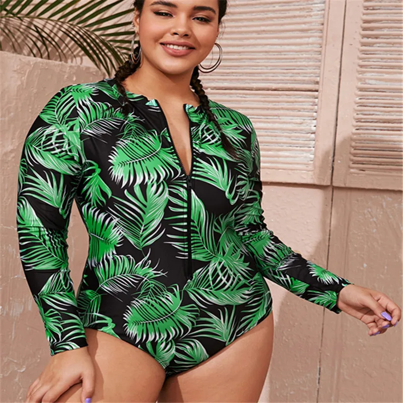 Plus Size Long Sleeve One Piece Swimsuit Tropical Leaf Print Front Zip UPF Sun Protection Surfing Suit Brazil Beach Bathing Suit
