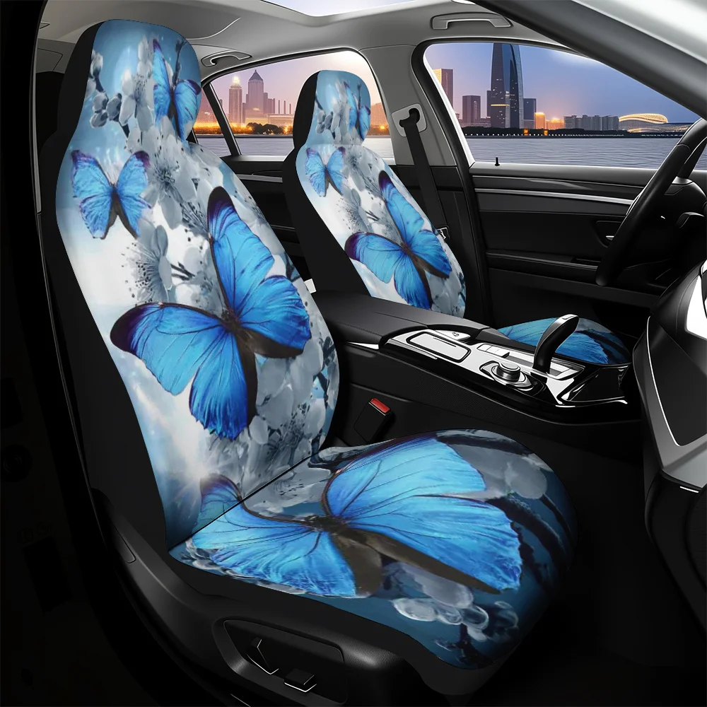 2pcs, Blue Butterflies Cherry Blossoms Print Universal Car Seat Covers For Auto Front Seats Covers, Durable And Soft, Easy To In