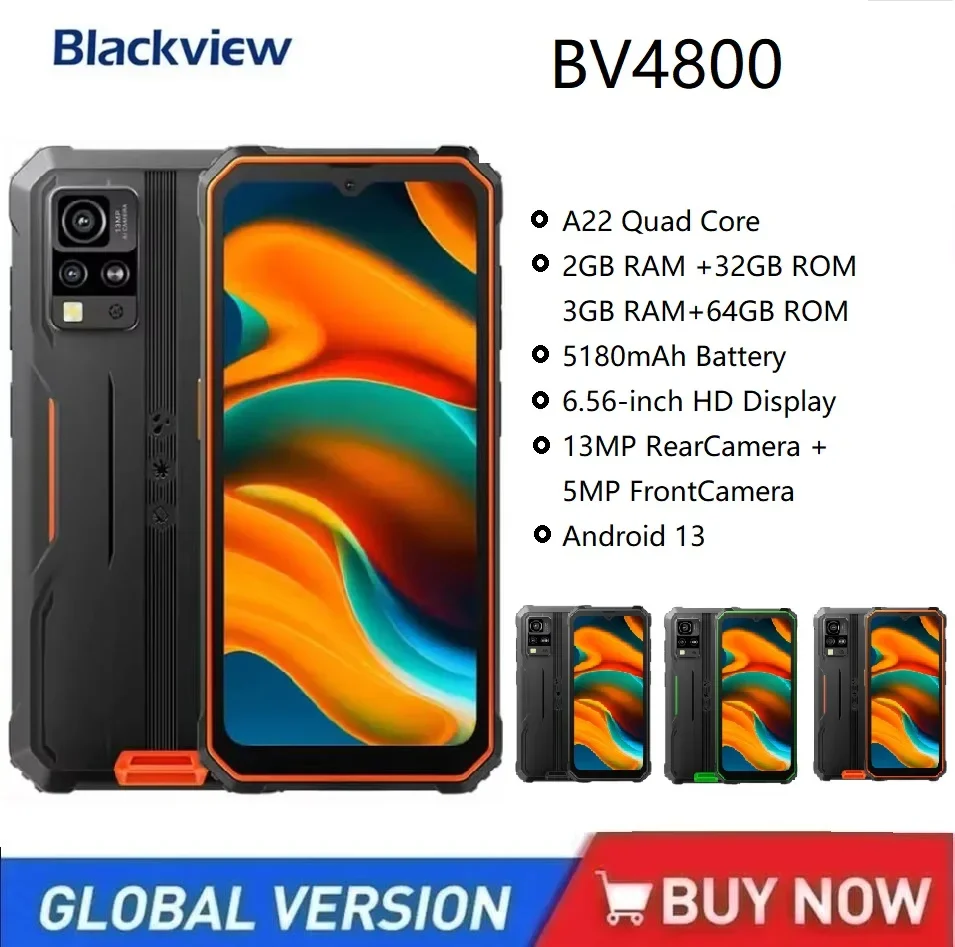 Blackview BV4800 Rugged 4G Smartphones Android 13 Helio A22 Quad Core 3GB+64GB 5180mAh 6.56Inch Mobile Phone 13MP Camera NFC