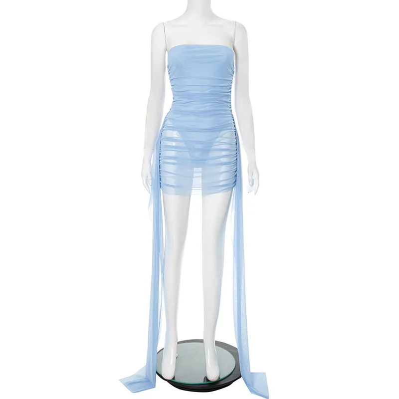 Women Fashion Sexy Ribbons Shirring Strapless Bodycon Mini Dress with Bodysuit Lining 2025 Summer Vacation Beach Robe Vestidos